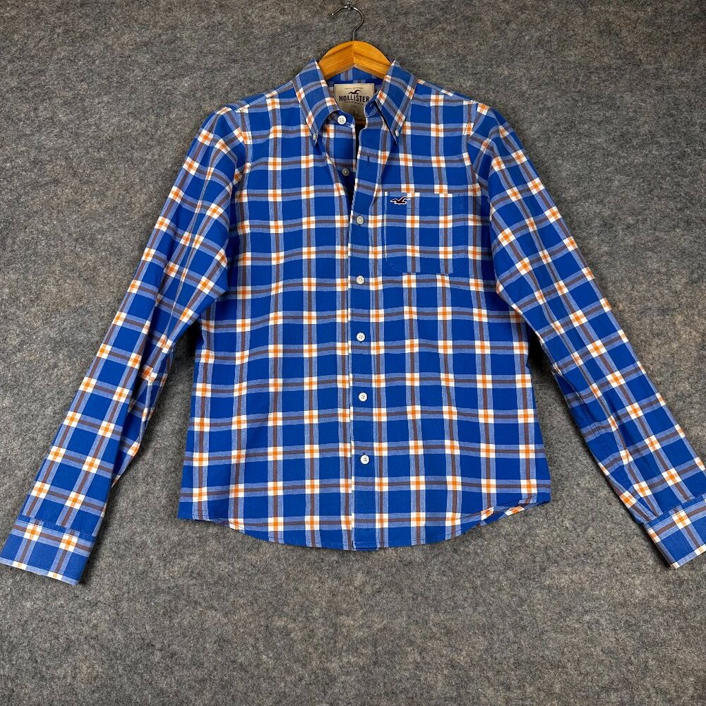 Hollister Men's Blue and Orange Plaid Button Down Shirt Size Large